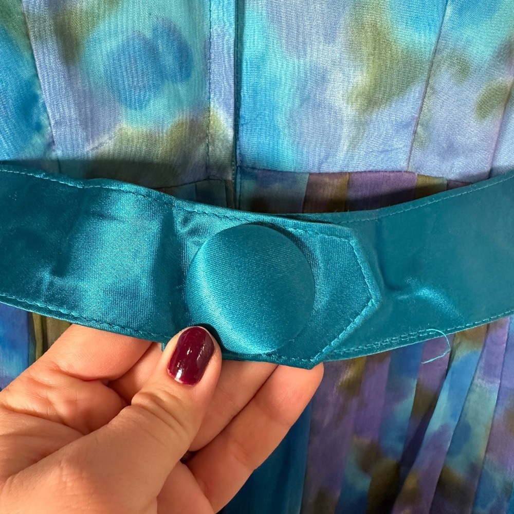 Vintage 50s Watercolor Blue Floral Chiffon Pleated Fit and Flare Belted Dress - Picture 4 of 10
